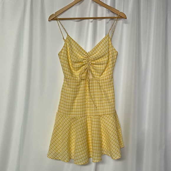 Lush Grid Print Sunny Yellow Mini Dress with Cutout Accent - size Small - Picture 6 of 10